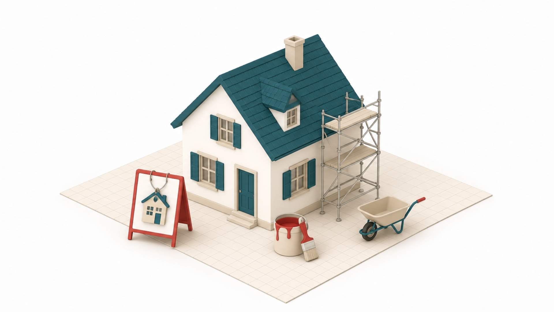 Illustration d'une maison suisse en cours de rénovation avec échafaudage, pot de peinture et brouette – Avram Rénov