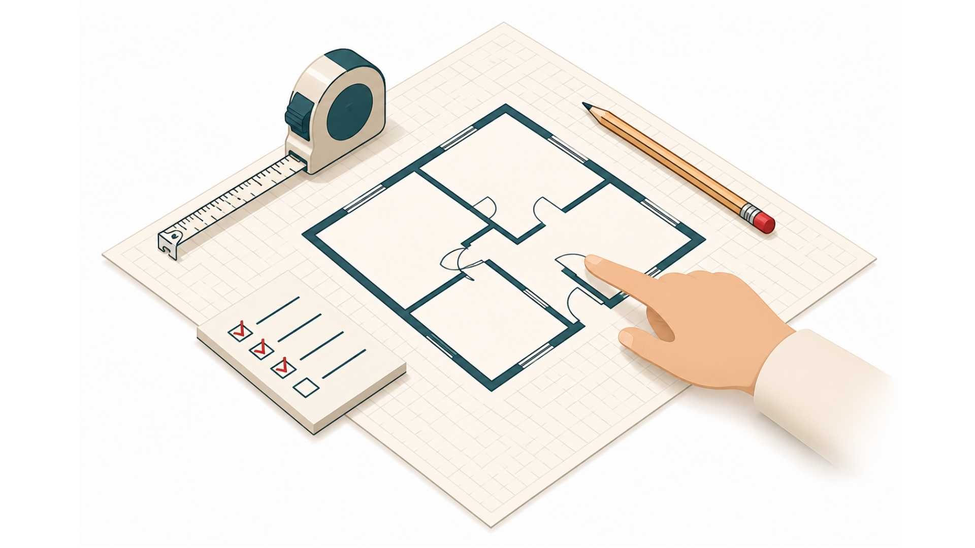 Illustration d'un plan de rénovation avec mètre ruban, crayon et checklist - étape du premier rendez-vous chantier Avram Rénov