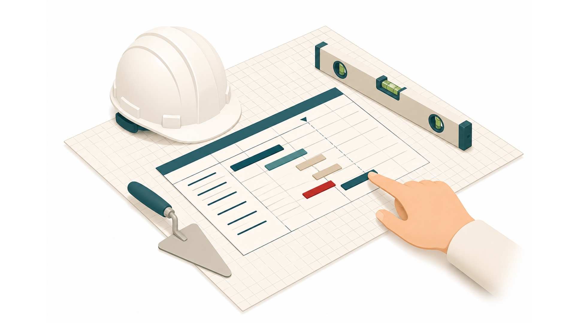 Illustration d'un planning de chantier avec casque, niveau à bulle et truelle – étape 3 du processus Avram Rénov
