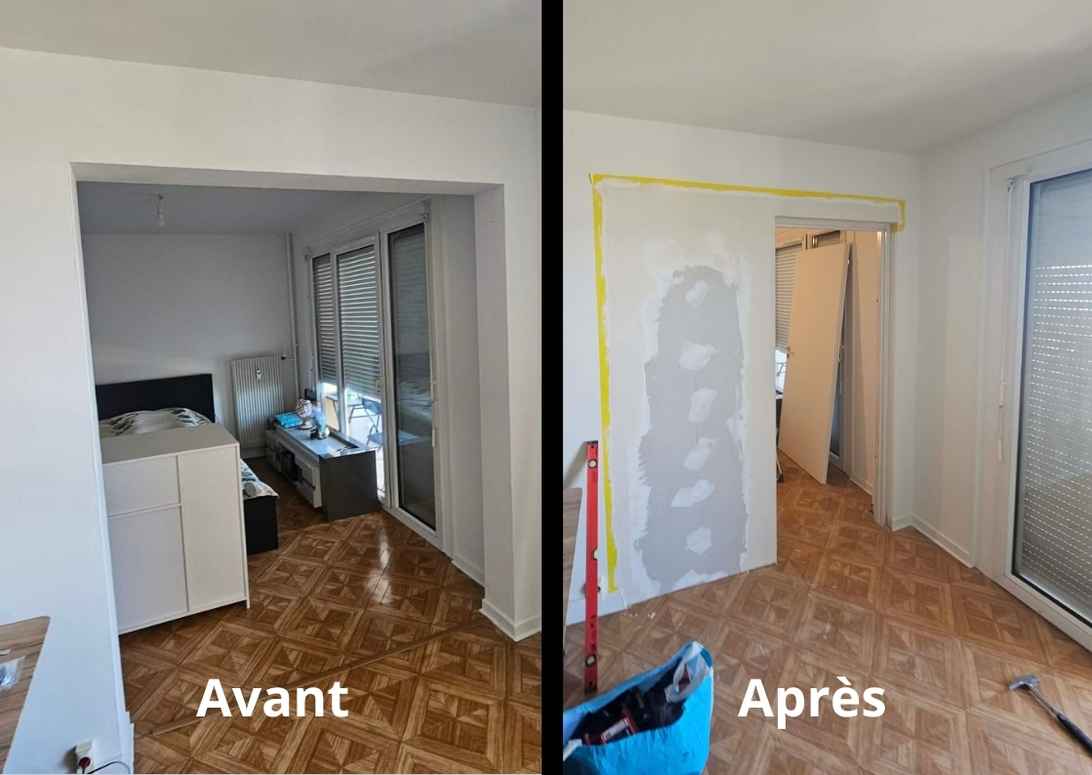 Avant/après création d'une cloison en plaque de plâtre avec porte en Valais – Avram Renov